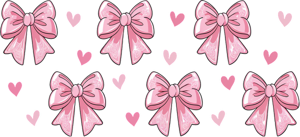 A charming collection of pink bows adorned with delicate patterns, surrounded by whimsical hearts, perfect for cute decorations.UV Transfers heat press transfers