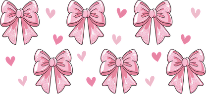 A charming collection of pink bows adorned with delicate patterns, surrounded by whimsical hearts, perfect for cute decorations.UV Transfers heat press transfers