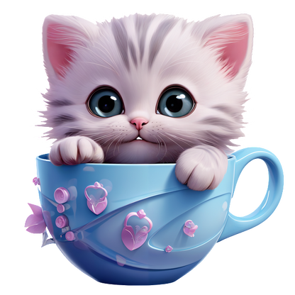 Un lindo y esponjoso gatito con ojos grandes se asoma desde una taza azul claro adornada con pequeñas decoraciones rosas.