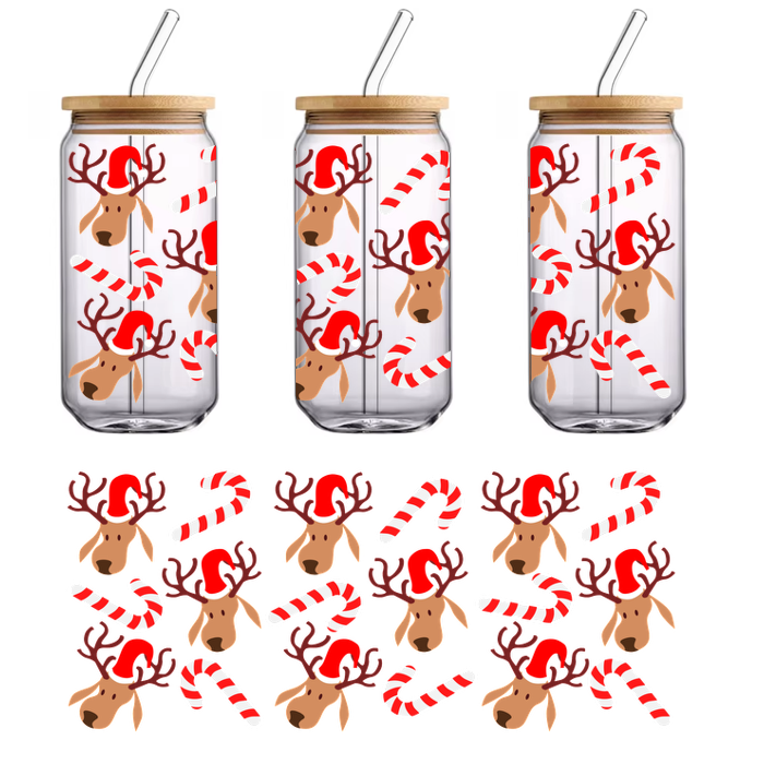 A festive pattern featuring cheerful reindeer in Santa hats and red-and-white candy canes, perfect for holiday decorations!UV Transfers heat press transfers