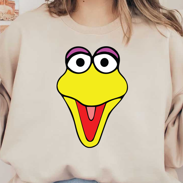 A cheerful yellow cartoon character face with large eyes, a wide open mouth, and purple eyebrows, exuding a playful vibe.DTF Transfers heat press transfers heat press transfers