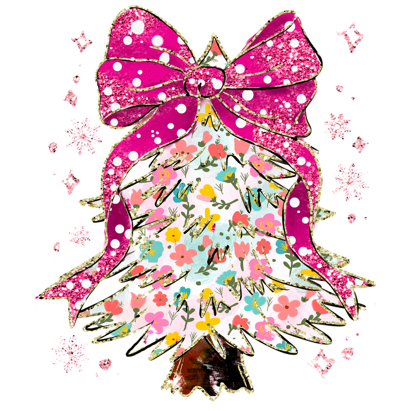 Festively adorned with a sparkling pink bow and floral patterns, this whimsical Christmas tree adds a cheerful touch to holiday decor.DTF Transfers dtf prints