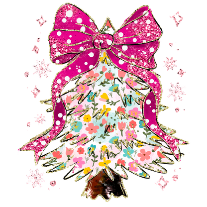 Festively adorned with a sparkling pink bow and floral patterns, this whimsical Christmas tree adds a cheerful touch to holiday decor.DTF Transfers dtf prints