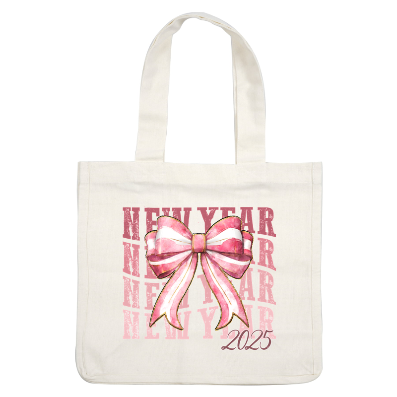 Celebrate the New Year with this vibrant pink and white watercolor bow design, featuring "New Year 2025" text in the background.DTF Transfers heat press transfers heat press transfers