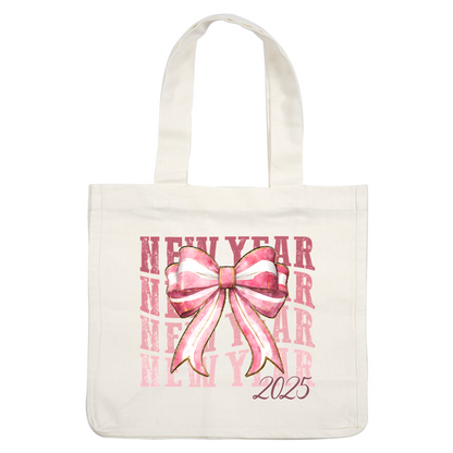 Celebrate the New Year with this vibrant pink and white watercolor bow design, featuring "New Year 2025" text in the background.DTF Transfers heat press transfers heat press transfers