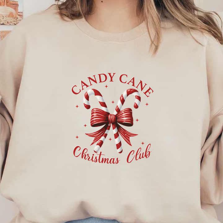 A festive design featuring candy canes tied with a bow, accompanied by the text "Candy Cane Christmas Club."dtf regular iron