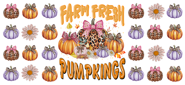Diseño otoñal vibrante que presenta una combinación de calabazas con estampado de leopardo, flores coloridas y el texto "Calabazas frescas de granja". Transferencias UV