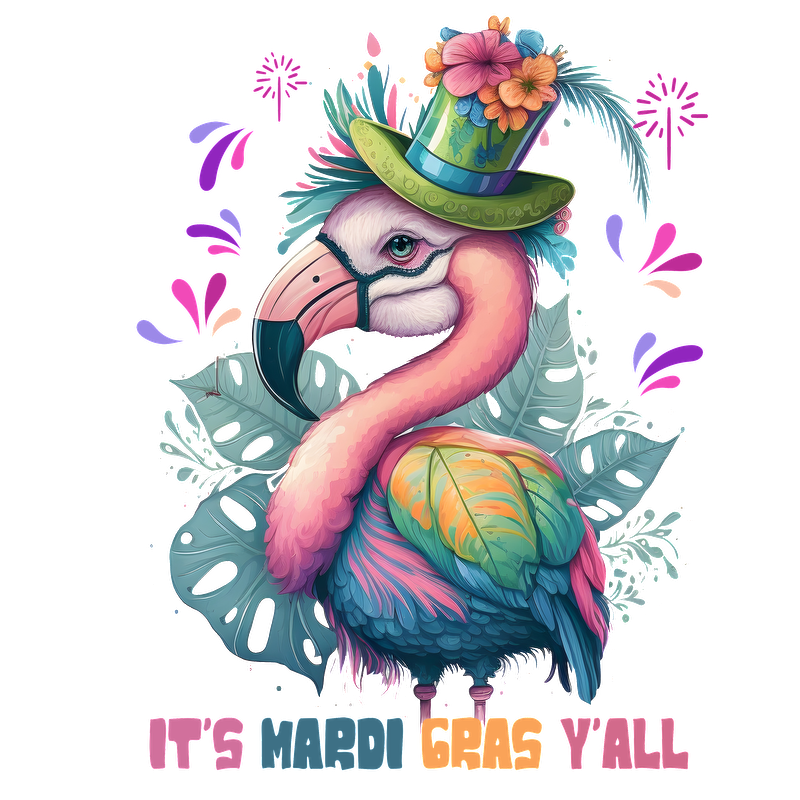 This vibrant Mardi Gras-themed design features a colorful flamingo wearing a festive hat, surrounded by tropical leaves and playful text.DTF Transfers