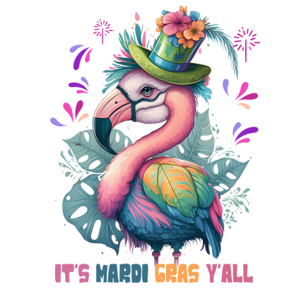 This vibrant Mardi Gras-themed design features a colorful flamingo wearing a festive hat, surrounded by tropical leaves and playful text.DTF Transfers