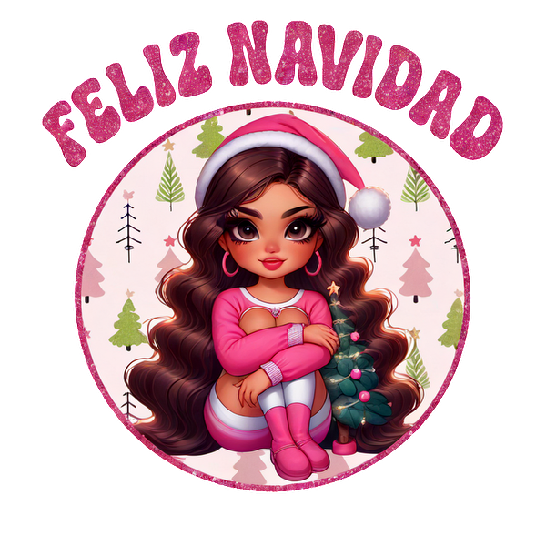 A festive illustration featuring a stylish girl in pink pajamas and Santa hat, surrounded by Christmas trees, captioned "Feliz Navidad." dtf prints