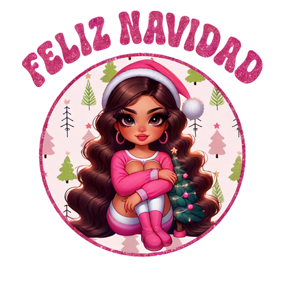 A festive illustration featuring a stylish girl in pink pajamas and Santa hat, surrounded by Christmas trees, captioned "Feliz Navidad." dtf prints