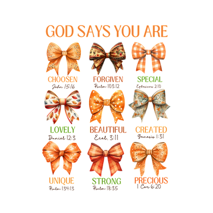 Un gráfico vibrante que presenta lazos coloridos con afirmaciones inspiradoras como "Elegido", "Perdonado" y "Preciado", que celebran la positividad y la autoestima.