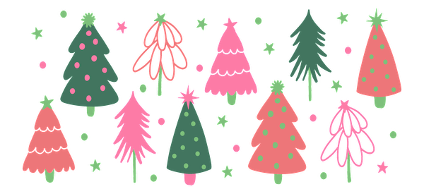 A cheerful illustration of colorful, whimsical Christmas trees adorned with polka dots, stars, and playful pastel colors.UV Transfers dtf prints