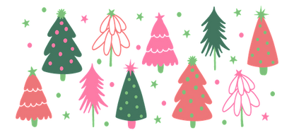 A cheerful illustration of colorful, whimsical Christmas trees adorned with polka dots, stars, and playful pastel colors.UV Transfers dtf prints