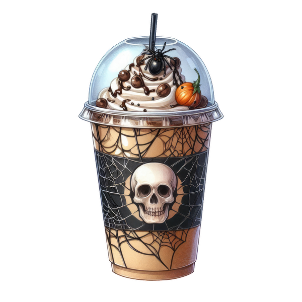 Bebida refrescante con temática de Halloween cubierta con crema batida, delicias de chocolate, una araña decorativa y un diseño de calavera espeluznante.