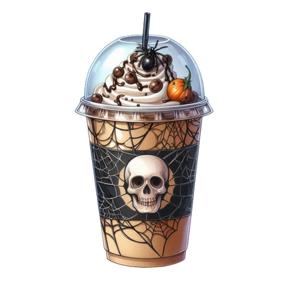 Bebida refrescante con temática de Halloween cubierta con crema batida, delicias de chocolate, una araña decorativa y un diseño de calavera espeluznante.