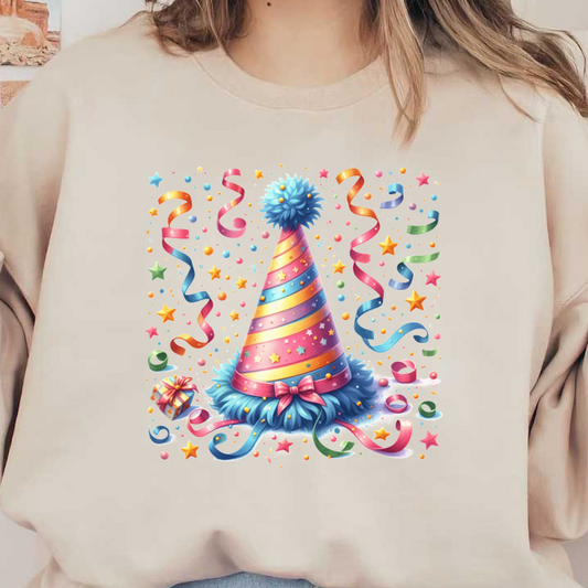 Celebrate in style with this colorful party hat, featuring vibrant stripes, stars, and playful ribbons, perfect for festive occasions!DTF Transfers