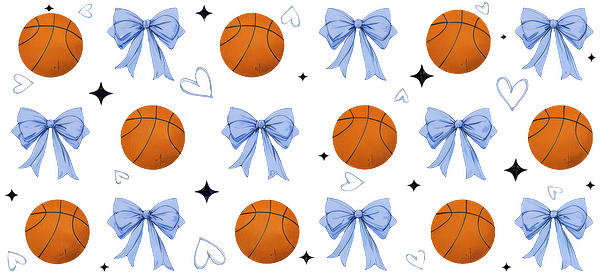 A playful pattern featuring basketballs paired with blue bows, set against a black background, perfect for sports-themed designs!UV Transfers dtf prints