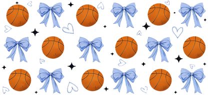 A playful pattern featuring basketballs paired with blue bows, set against a black background, perfect for sports-themed designs!UV Transfers dtf prints