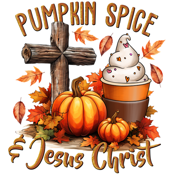 A festive autumn design featuring pumpkins, a wooden cross, and a swirl of ice cream, accented with colorful leaves. heat press transfers