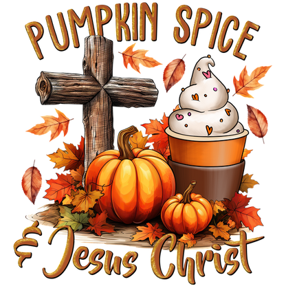 A festive autumn design featuring pumpkins, a wooden cross, and a swirl of ice cream, accented with colorful leaves. heat press transfers