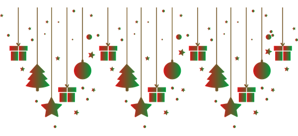 A festive design featuring hanging Christmas trees, ornaments, stars, and gifts, all in vibrant red and green colors.UV Transfers dtf transfers