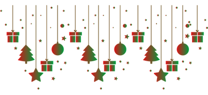 A festive design featuring hanging Christmas trees, ornaments, stars, and gifts, all in vibrant red and green colors.UV Transfers dtf transfers