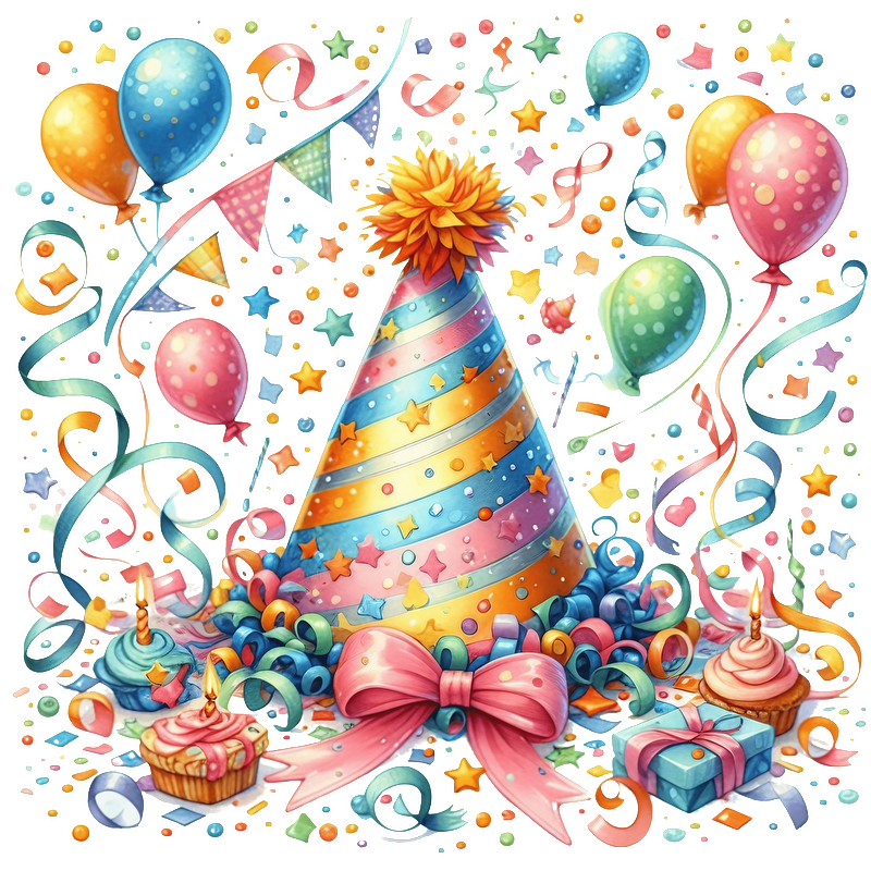 Celebrate in style with this vibrant party scene featuring a colorful party hat, balloons, festive ribbons, and delicious treats!DTF Transfers
