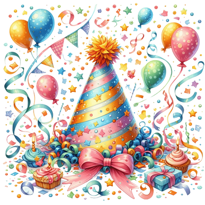 Celebrate in style with this vibrant party scene featuring a colorful party hat, balloons, festive ribbons, and delicious treats!DTF Transfers