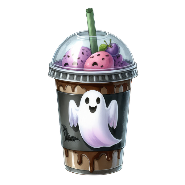 ¡Disfruta de un divertido vaso de helado con temática de Halloween que incluye un fantasma juguetón y coloridas bolas de helado cubiertas con una pajita verde!