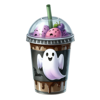 ¡Disfruta de un divertido vaso de helado con temática de Halloween que incluye un fantasma juguetón y coloridas bolas de helado cubiertas con una pajita verde!