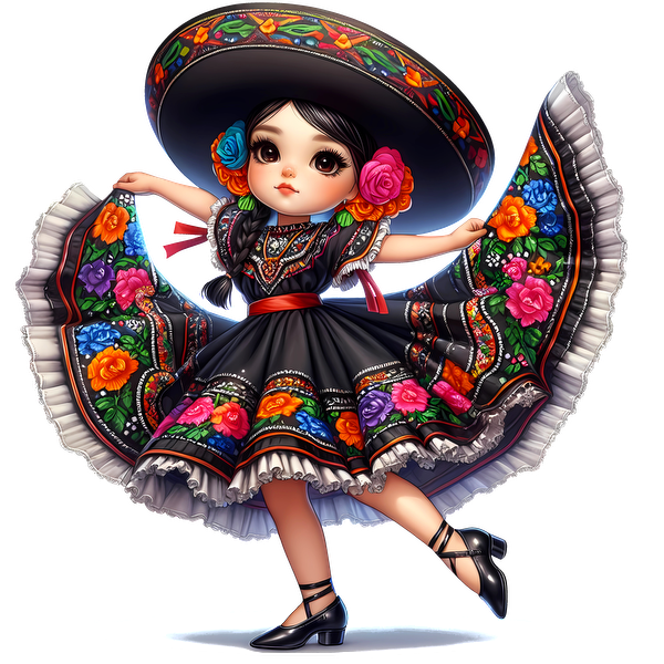 Una encantadora joven con un colorido vestido tradicional mexicano, completo con un sombrero de ala ancha y detalles florales.