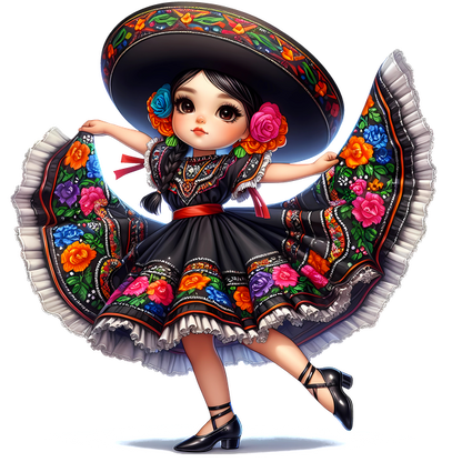 Una encantadora joven con un colorido vestido tradicional mexicano, completo con un sombrero de ala ancha y detalles florales.