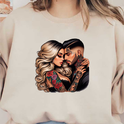 A captivating illustration of a couple embracing, showcasing intricate tattoos and vibrant flowers in a stylish, romantic pose.DTF Transfers heat press transfers