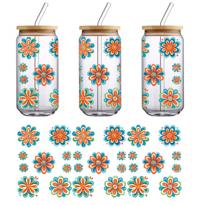 A vibrant collection of floral designs features bold turquoise and orange blossoms, showcasing various sizes and cheerful patterns.UV Transfers dtf prints