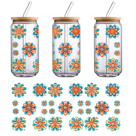 A vibrant collection of floral designs features bold turquoise and orange blossoms, showcasing various sizes and cheerful patterns.UV Transfers dtf prints