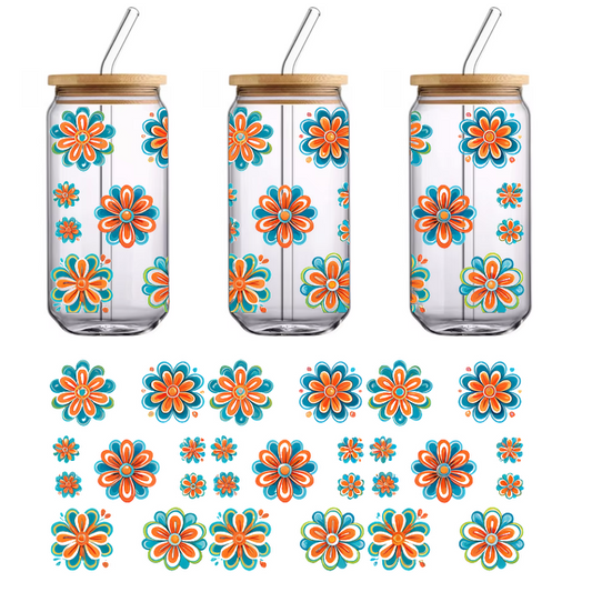 A colorful collection of stylized flowers in blue, orange, and teal, varying in size and design for vibrant decoration.UV Transfers dtf prints