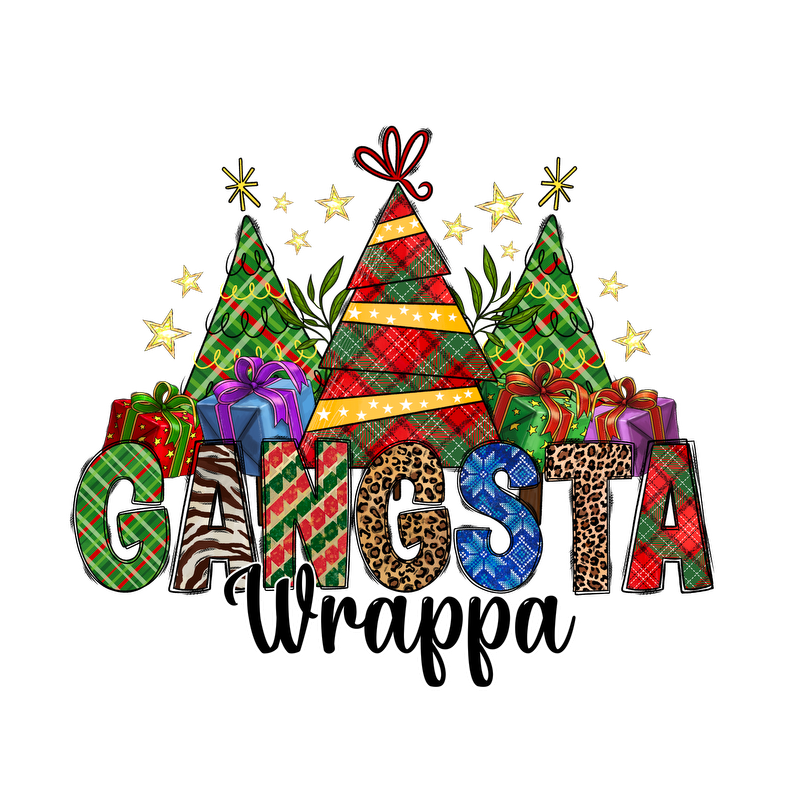 Celebrate the season with this vibrant "Gangsta Wrappa" design featuring colorful Christmas trees and wrapped gifts in festive patterns!DTF Transfers heat press transfersdtf regular iron