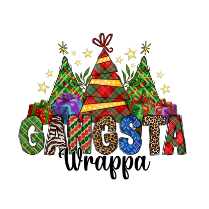 Celebrate the season with this vibrant "Gangsta Wrappa" design featuring colorful Christmas trees and wrapped gifts in festive patterns!DTF Transfers heat press transfersdtf regular iron