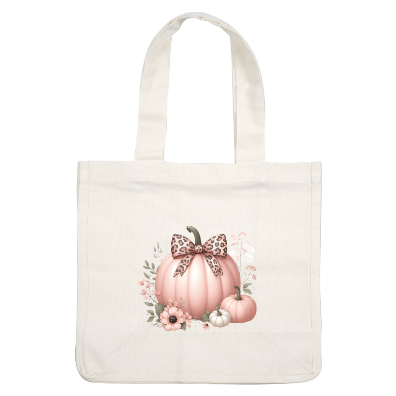 Una encantadora ilustración de una gran calabaza rosa adornada con un lazo con estampado de leopardo, acompañada de calabazas blancas y rosas más pequeñas y flores de colores.