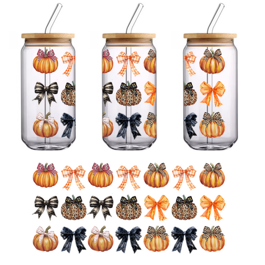 A charming collection of pumpkins adorned with various decorative bows, featuring patterns like plaid, leopard, and solid colors.UV Transfers heat press transfers