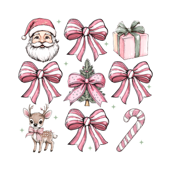 A charming collection of Christmas illustrations featuring Santa, a deer, a decorated tree, gifts, candy canes, and pink bows. heat press transfers