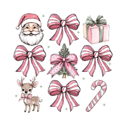 A charming collection of Christmas illustrations featuring Santa, a deer, a decorated tree, gifts, candy canes, and pink bows. heat press transfers