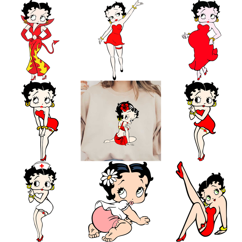 "Light-colored t-shirt featuring Betty Boop segmented by character portraits."DTF Transfers