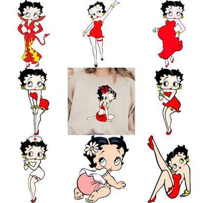 "Light-colored t-shirt featuring Betty Boop segmented by character portraits."DTF Transfers