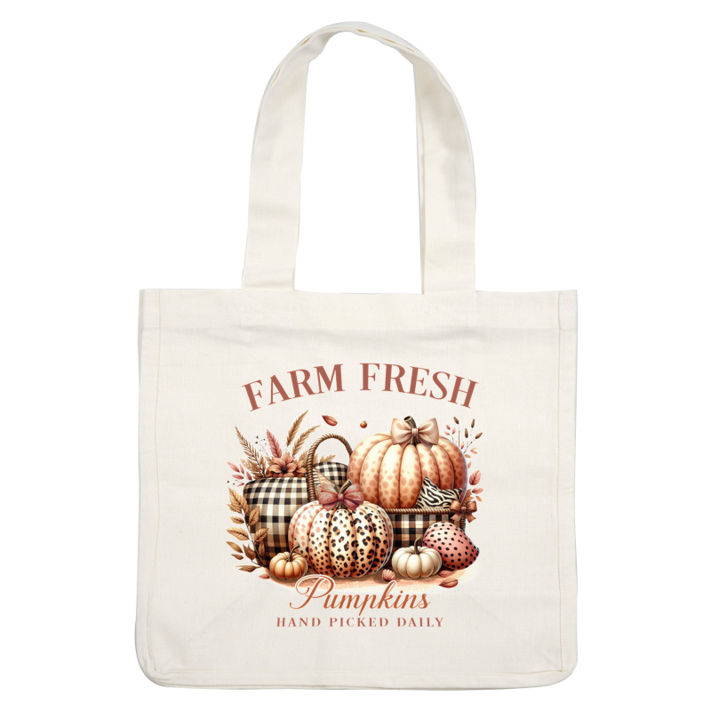 Charming autumn graphic featuring a variety of stylish pumpkins, adorned with bows and a cozy plaid basket, labeled "Farm Fresh." dtf transfers