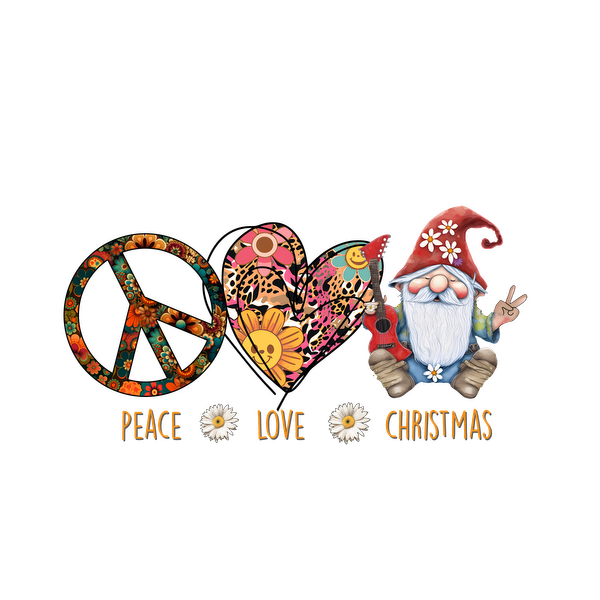 A cheerful graphic featuring a peace sign, heart, and a whimsical gnome, celebrating peace, love, and Christmas. dtf prints