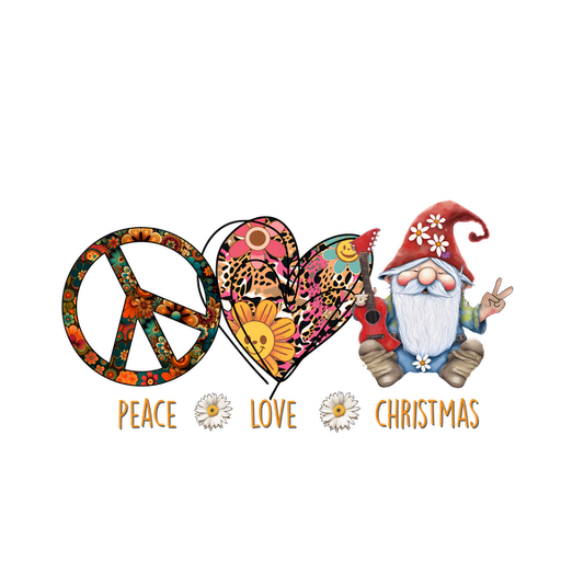 A cheerful graphic featuring a peace sign, heart, and a whimsical gnome, celebrating peace, love, and Christmas. dtf prints