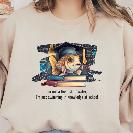 Una inteligente ilustración de un pez con un birrete de graduación, posado juguetonamente sobre libros con un fondo de ecuaciones matemáticas.