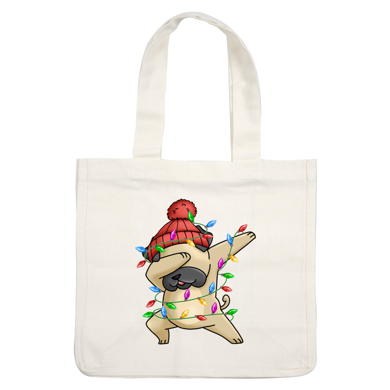 A playful cartoon pug wearing a red beanie and tangled in colorful Christmas lights, striking a fun pose. dtf prints